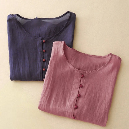 Pink Valeria flowy long sleeve blouse for women, relaxed fit button-front top, great for elegant spring style.