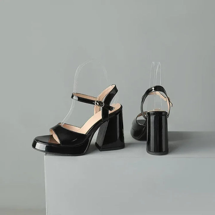 Overhead view of Valetta Gloss Block Heels, showcasing the elegant design, glossy finish & comfortable fit.