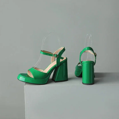 Front view of Valetta Gloss Block Heels, highlighting the vibrant high-shine and elegant women's footwear design.