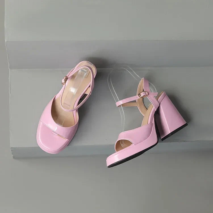 Valetta Gloss Block Heel detail, showing sturdy design, high-shine finish, and comfortable support.