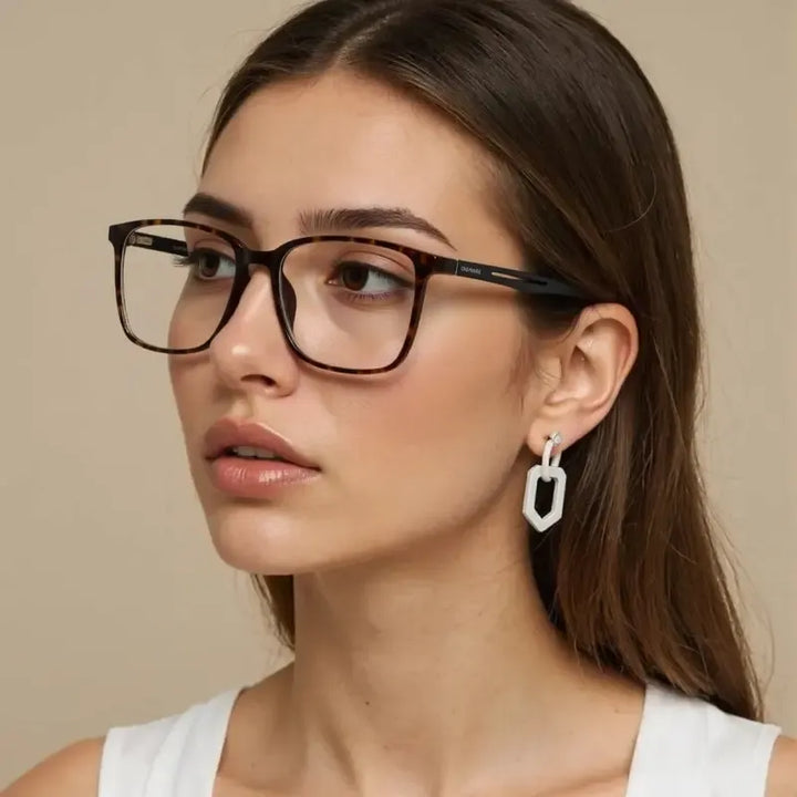 Valmira women's square optical glasses. Durable black acetate frames for clear vision & comfort.