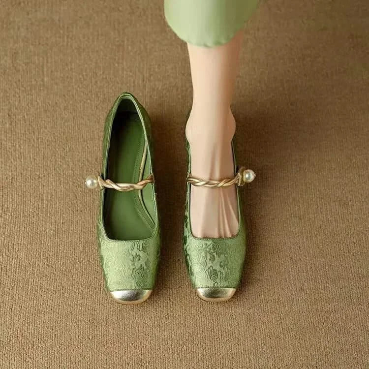 Front view of Valoria women's square toe pumps, highlighting elegant studded details & sophisticated design.