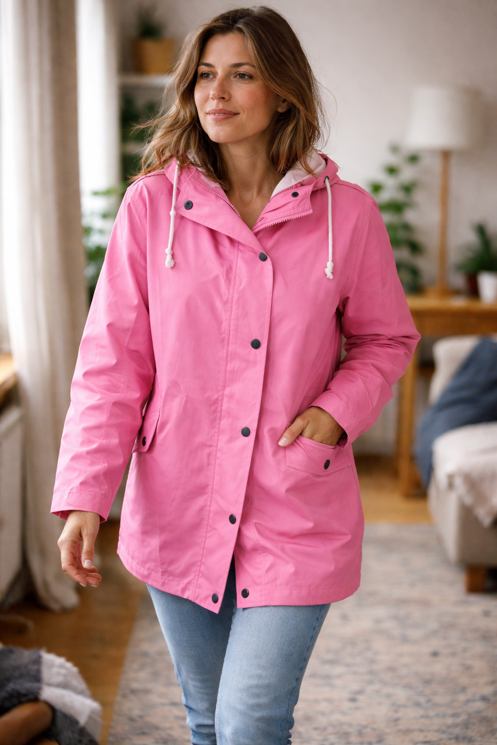 Lightweight pink hooded jacket for women, ideal as a casual all-weather and rain jacket. Stylish & functional.