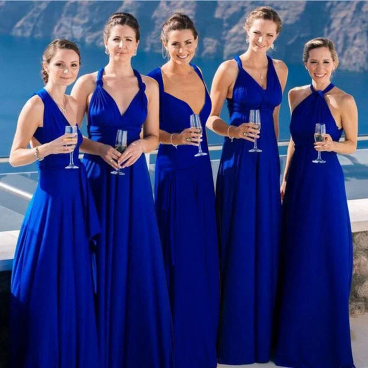 Multi-way women's backless maxi dress. This versatile convertible gown suits evening, cocktail, & summer parties.