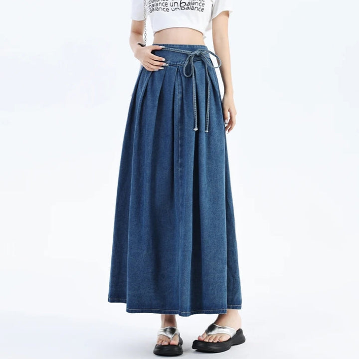 Versatile women's blue denim midi skirt, perfect for casual everyday wear and summer fashion.