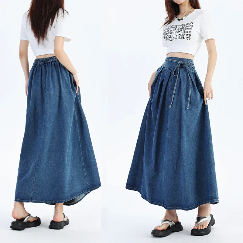 Comfortable high-waisted blue denim midi skirt for women, ideal for casual summer style.