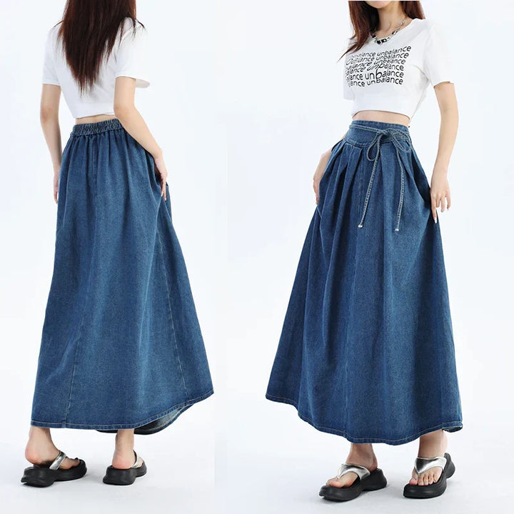 Comfortable high-waisted blue denim midi skirt for women, ideal for casual summer style.