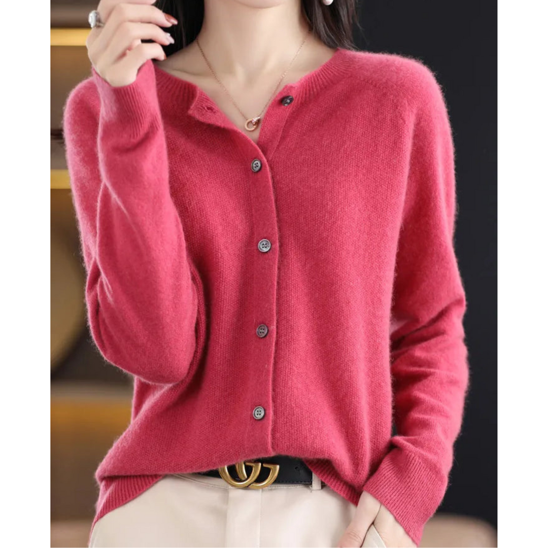 Women's versatile button-front O-neck cardigan, ideal for casual or office wear, perfect layering.