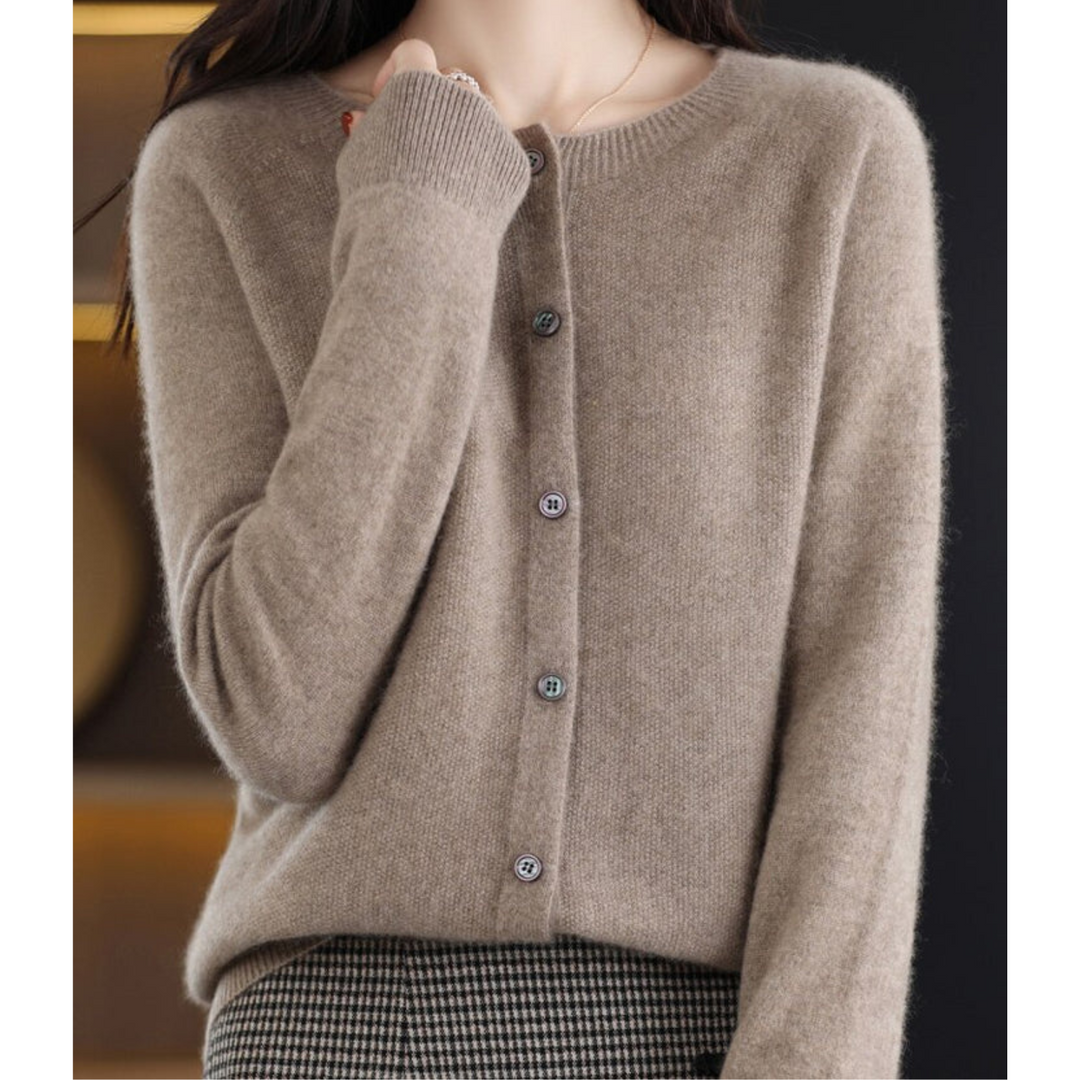 Women's button-front O-neck cardigan, blending casual comfort with office-ready elegance.