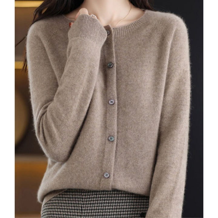 Women's button-front O-neck cardigan, blending casual comfort with office-ready elegance.