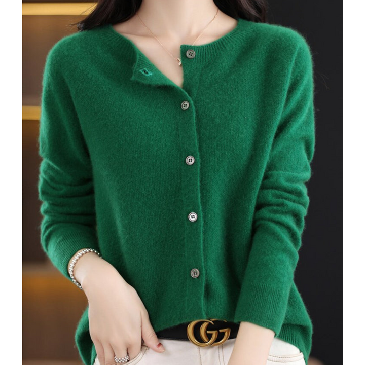 Classic women's O-neck button-front cardigan, a versatile and comfortable outerwear option.