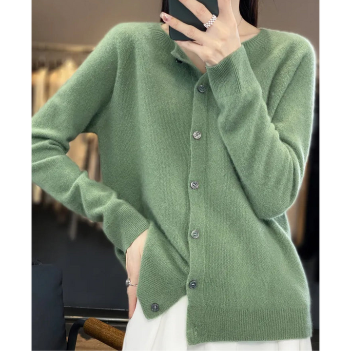 Women's versatile button-front O-neck cardigan, ideal for layering, casual outings, or office.