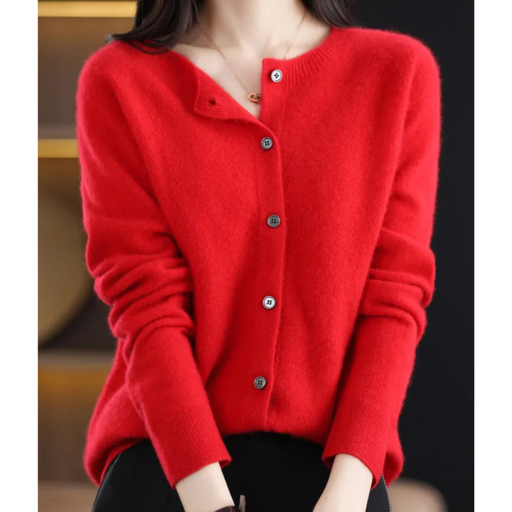 Women's O-neck button-front cardigan, perfect for fall fashion, winter style, or cool evenings.