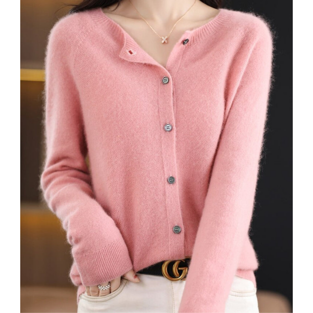 Chic ladies' O-neck button-front cardigan, perfect for elegant fall fashion or comfy winter style.