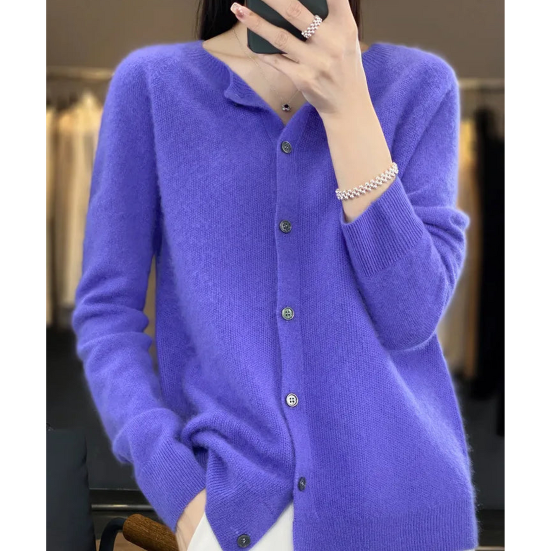 Comfortable women's button-front O-neck cardigan, versatile for layering and everyday outfits.