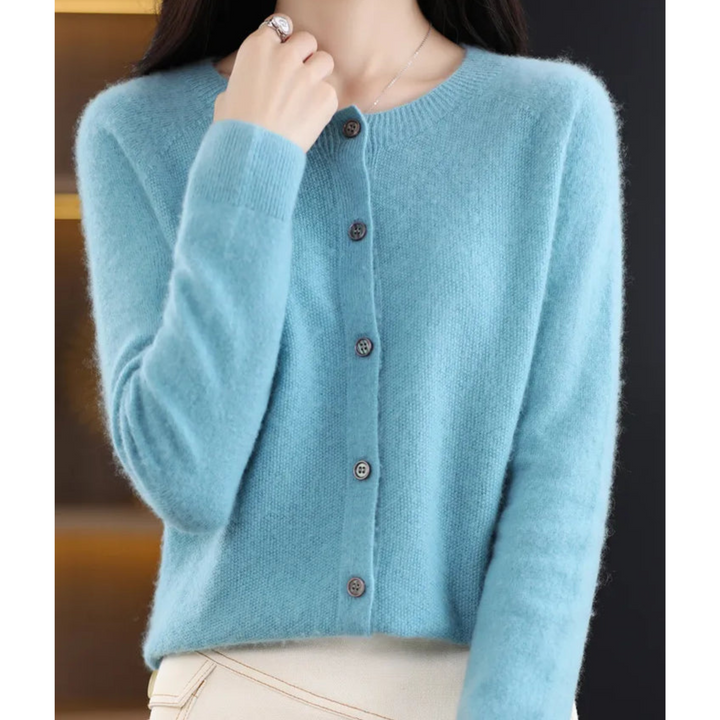 Stylish women's O-neck cardigan with button front, great for outerwear or a professional office look.