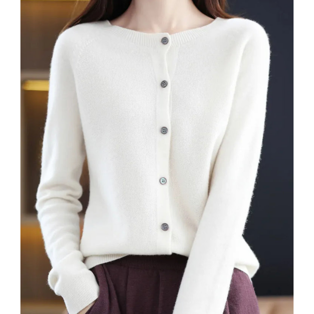 Fashionable women's button-front O-neck cardigan, offering cozy comfort and a chic, elegant style.