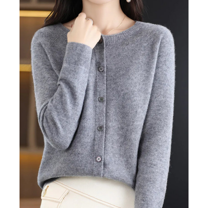 Elegant women's O-neck cardigan with button front, perfect for sophisticated daily casual wear.