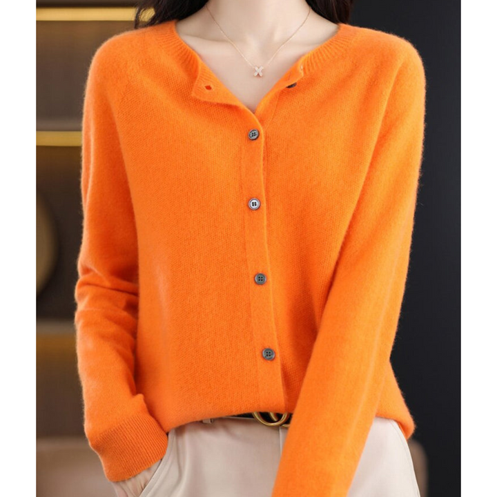 Simple yet chic women's button-front O-neck cardigan, essential for versatile ladies' outerwear.