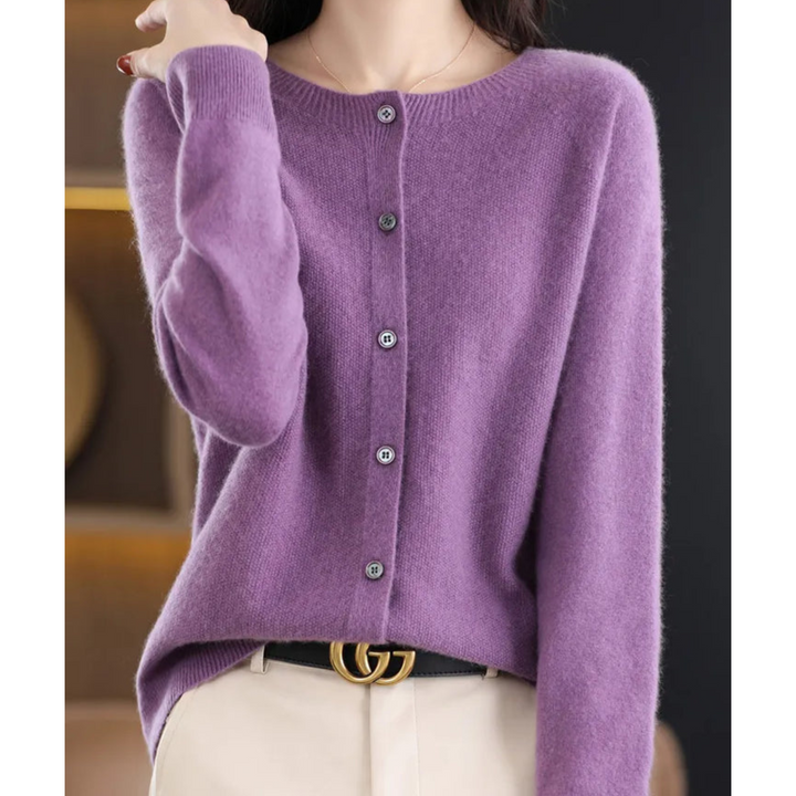 Modern women's O-neck button-front cardigan, a comfortable and versatile ladies' fashion staple.
