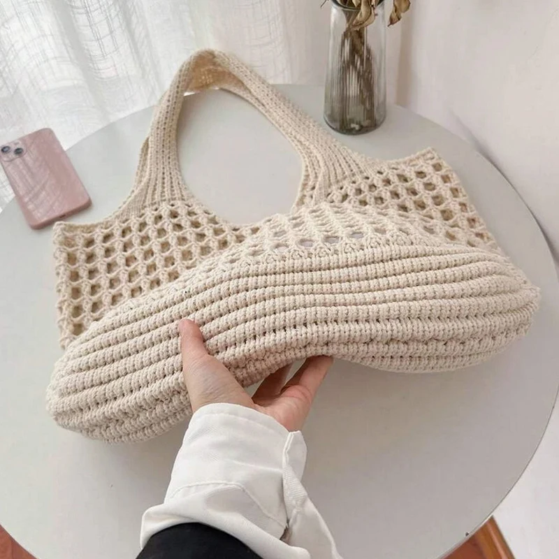 Foldable crochet tote bag, ideal for women's travel essentials & beach outings.