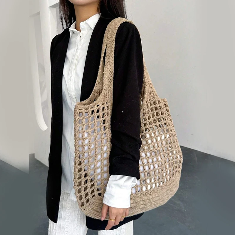 Lightweight women's crochet bag, a foldable everyday tote & stylish accessory.