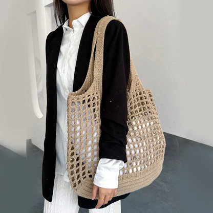 Lightweight women's crochet bag, a foldable everyday tote & stylish accessory.