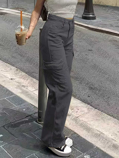 Model wearing khaki women's straight-fit cargo pants, adjustable waist, multi-pockets. Stylish & comfortable for casual.