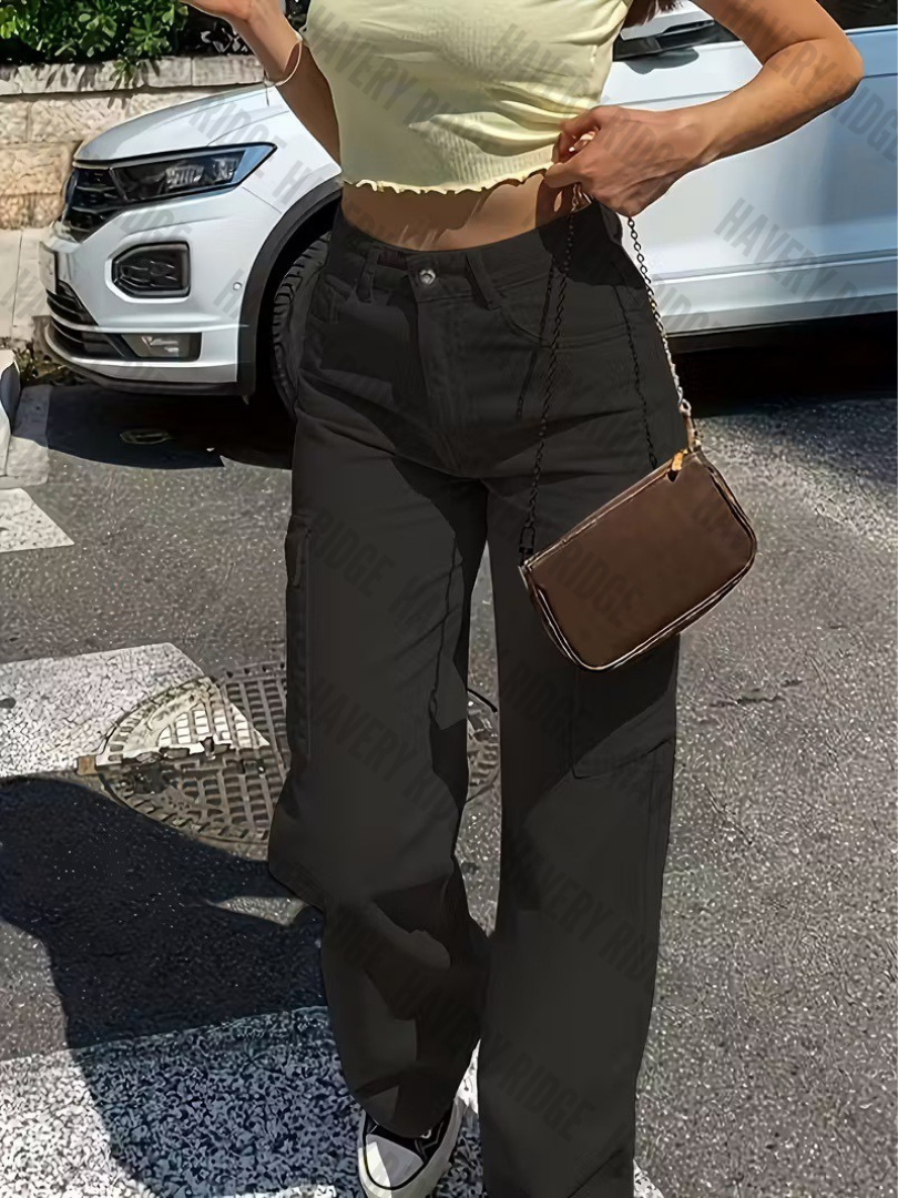 Army green women's straight-fit cargo pants with adjustable waist, utility pockets. Great for comfortable outdoor casuals.