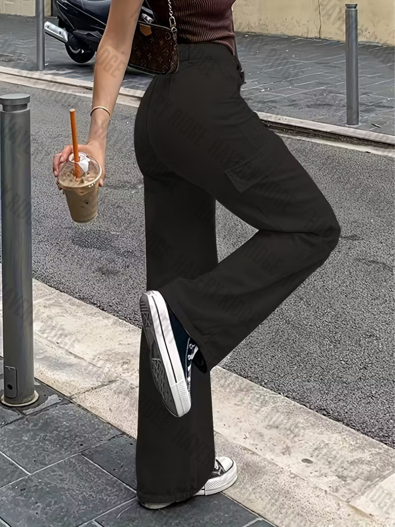Gray women's straight-fit cargo pants, adjustable waist & utility pockets. Versatile casual wear, comfortable & practical.