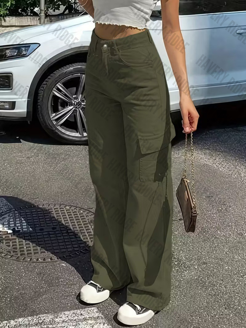 White women's straight-fit cargo pants, adjustable waist, multi-pockets. Light & comfortable for summer casual wear.