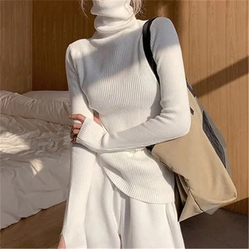 Comfortable women's long sleeve pullover, a chic turtleneck sweater for winter layering.