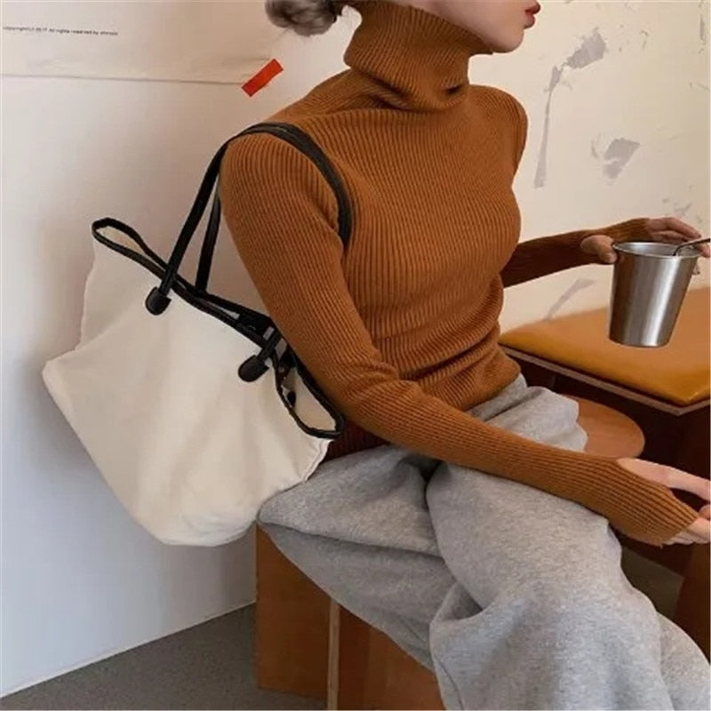 Fashionable women's pullover sweater, a chic turtleneck for cozy everyday and winter wear.