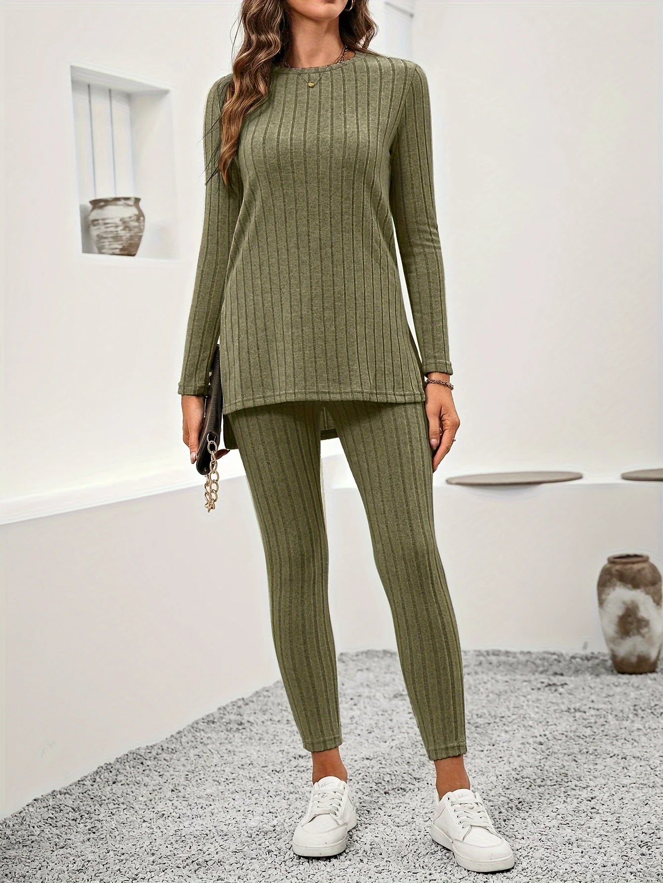 Modern women's matching apparel, a two-piece outfit with a flowy tunic and fitted leggings for comfort.