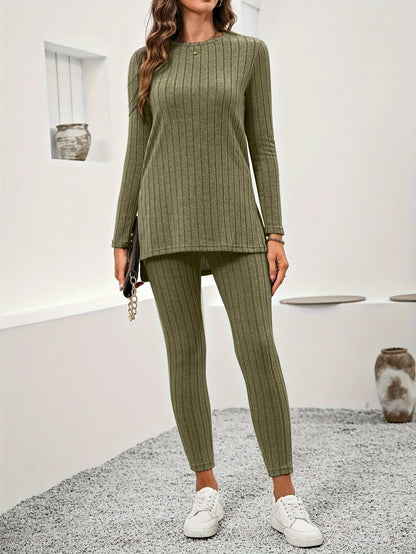 Modern women's matching apparel, a two-piece outfit with a flowy tunic and fitted leggings for comfort.