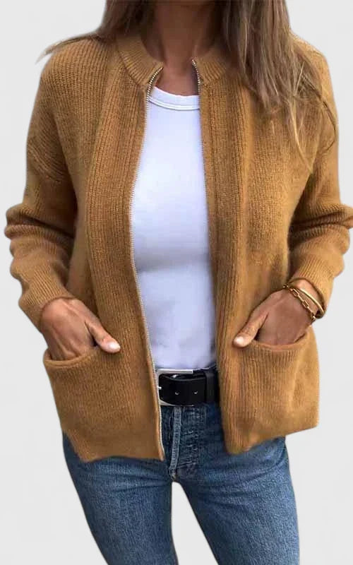 Women's versatile zipper jacket in black, perfect for effortless everyday style. Comfortable round neck outerwear.