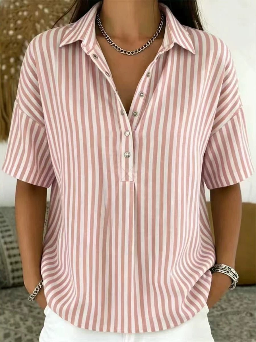 Fashionable women's striped button-up blouse, short sleeve, vertical stripes, half-button for elegant casual look.