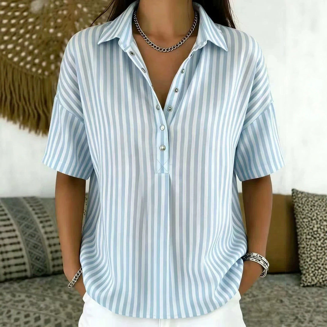 Chic women's elegant vertical stripe half-button blouse, short sleeve, relaxed fit. Great for spring fashion.
