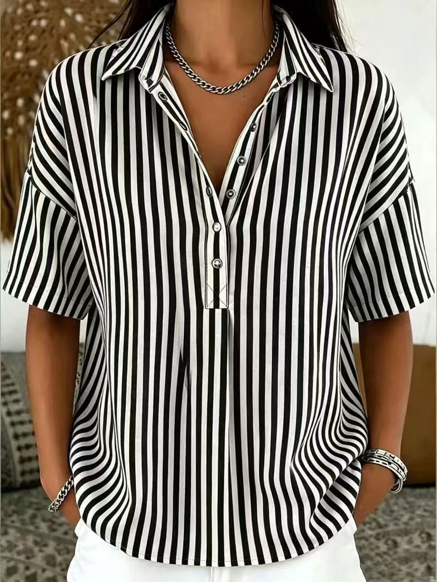 Comfortable women's vertical stripe half-button blouse, short sleeve, relaxed fit for spring & summer styling.