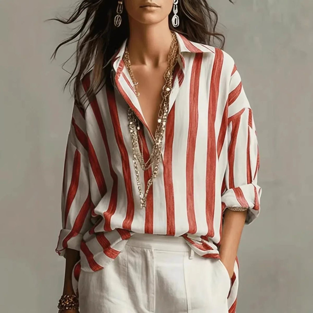 Fashionable women's long sleeve vertical stripe blouse with an open collar. A relaxed fit, everyday stylish top for women.