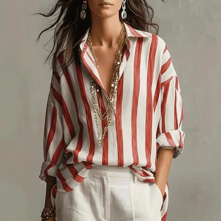 Fashionable women's long sleeve vertical stripe blouse with an open collar. A relaxed fit, everyday stylish top for women.