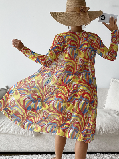 Detail of the stretchy fabric and vibrant print on the women's 3-piece swim set.