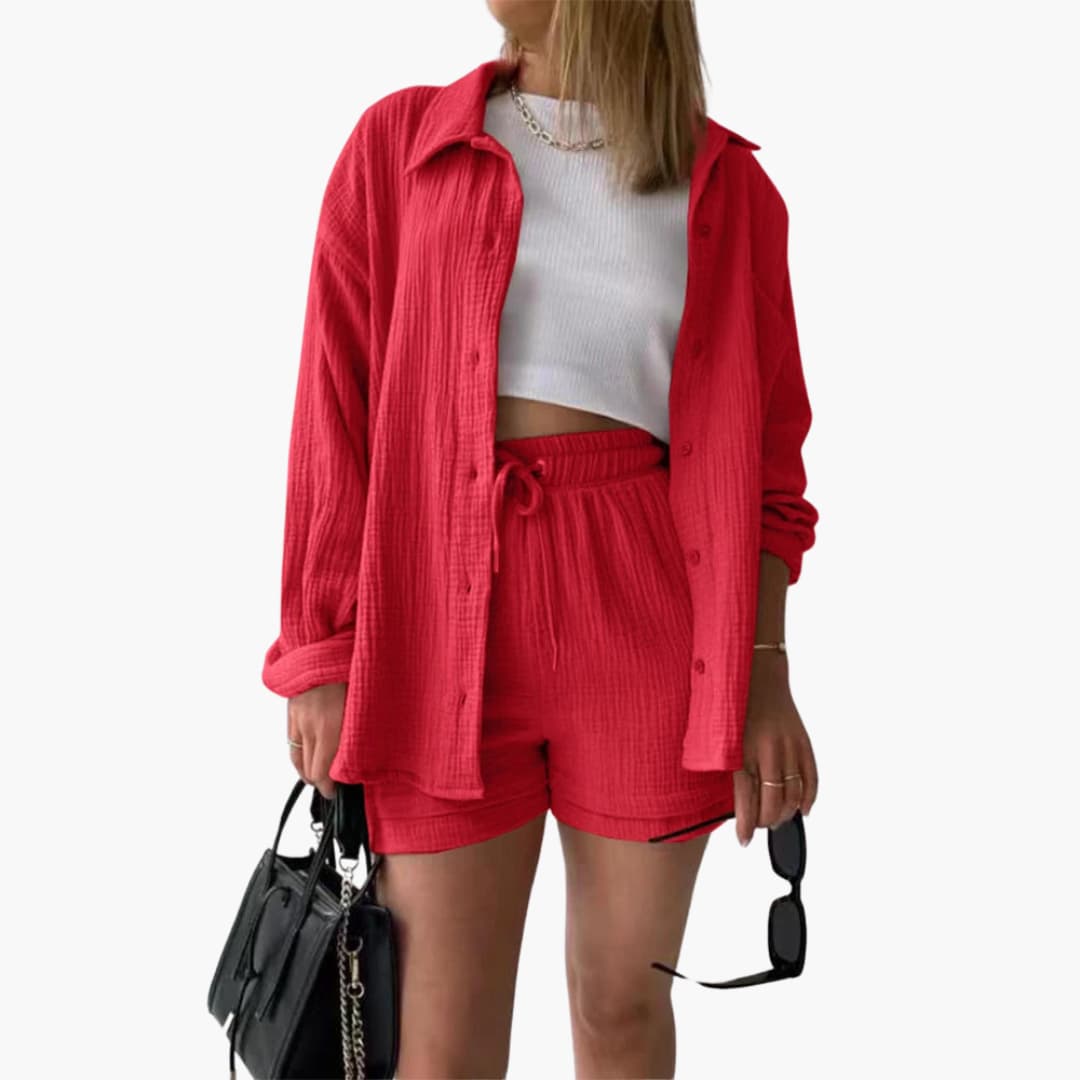 Women's casual two-piece set in a vibrant shade. Lightweight, relaxed fit loungewear.