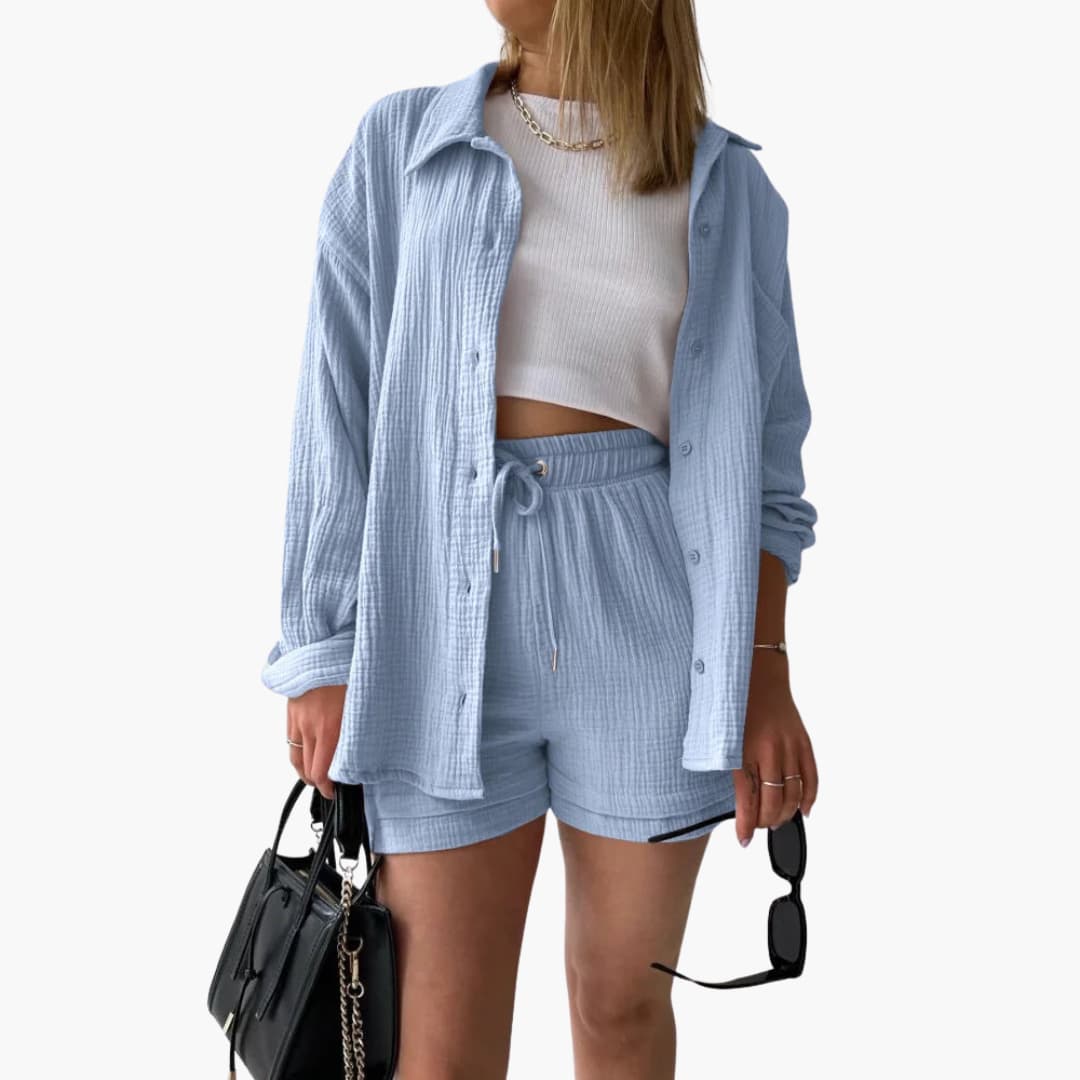 Stylish women's lightweight two-piece outfit. Casual, relaxed fit for summer days.