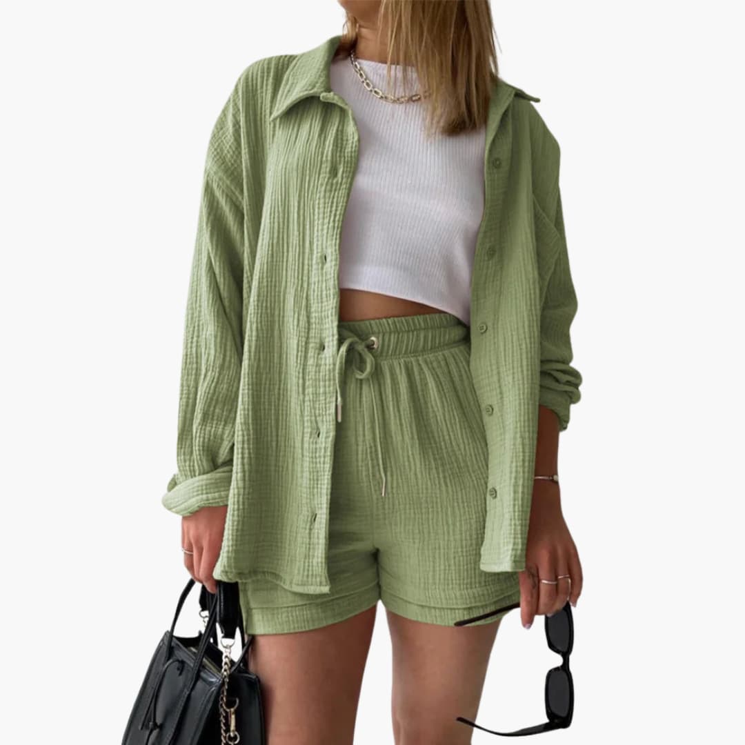 Womens vibrant two-piece loungewear set. Lightweight, relaxed fit, casual comfort.