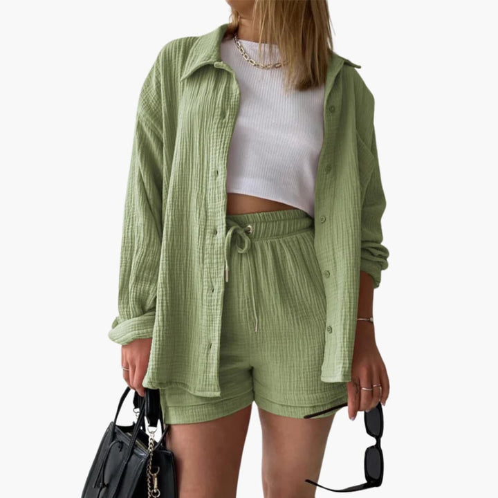 Womens vibrant two-piece loungewear set. Lightweight, relaxed fit, casual comfort.