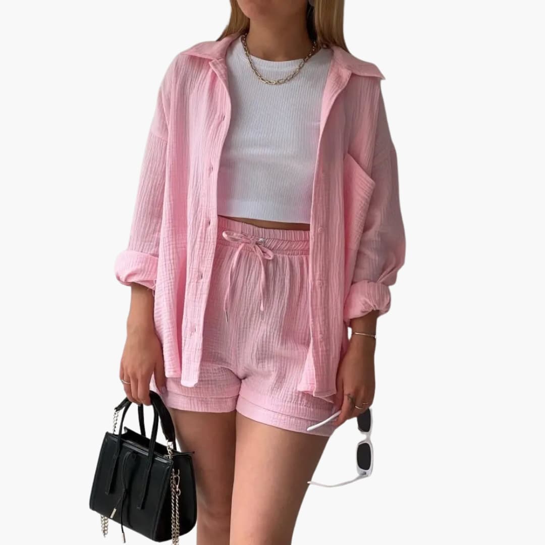 Womens lightweight casual matching set. Relaxed fit, vibrant, breathable summer outfit.