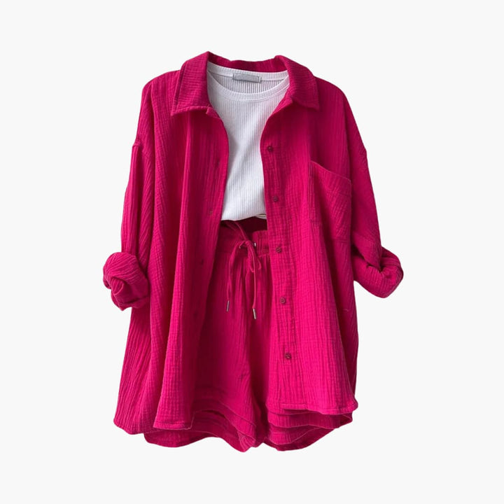 Stylish women's casual two-piece summer outfit. Lightweight & relaxed for comfort.