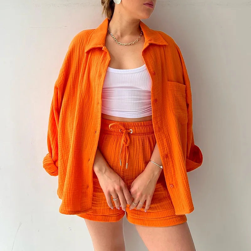 Vibrant crinkle fabric women's two piece set, perfect for comfortable casual summer fashion.