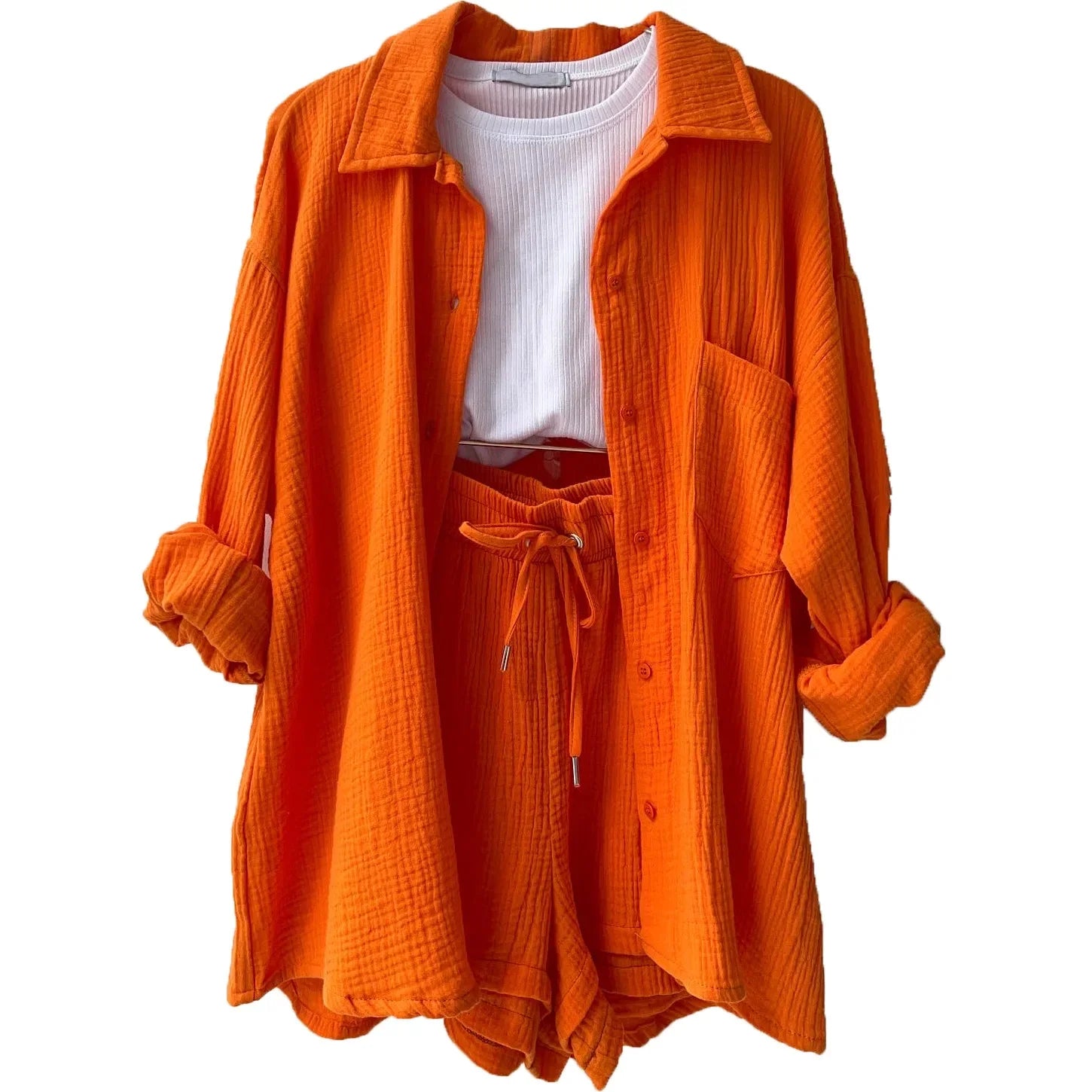 Women's casual vibrant crinkle shorts set, versatile for resort or everyday summer wear.